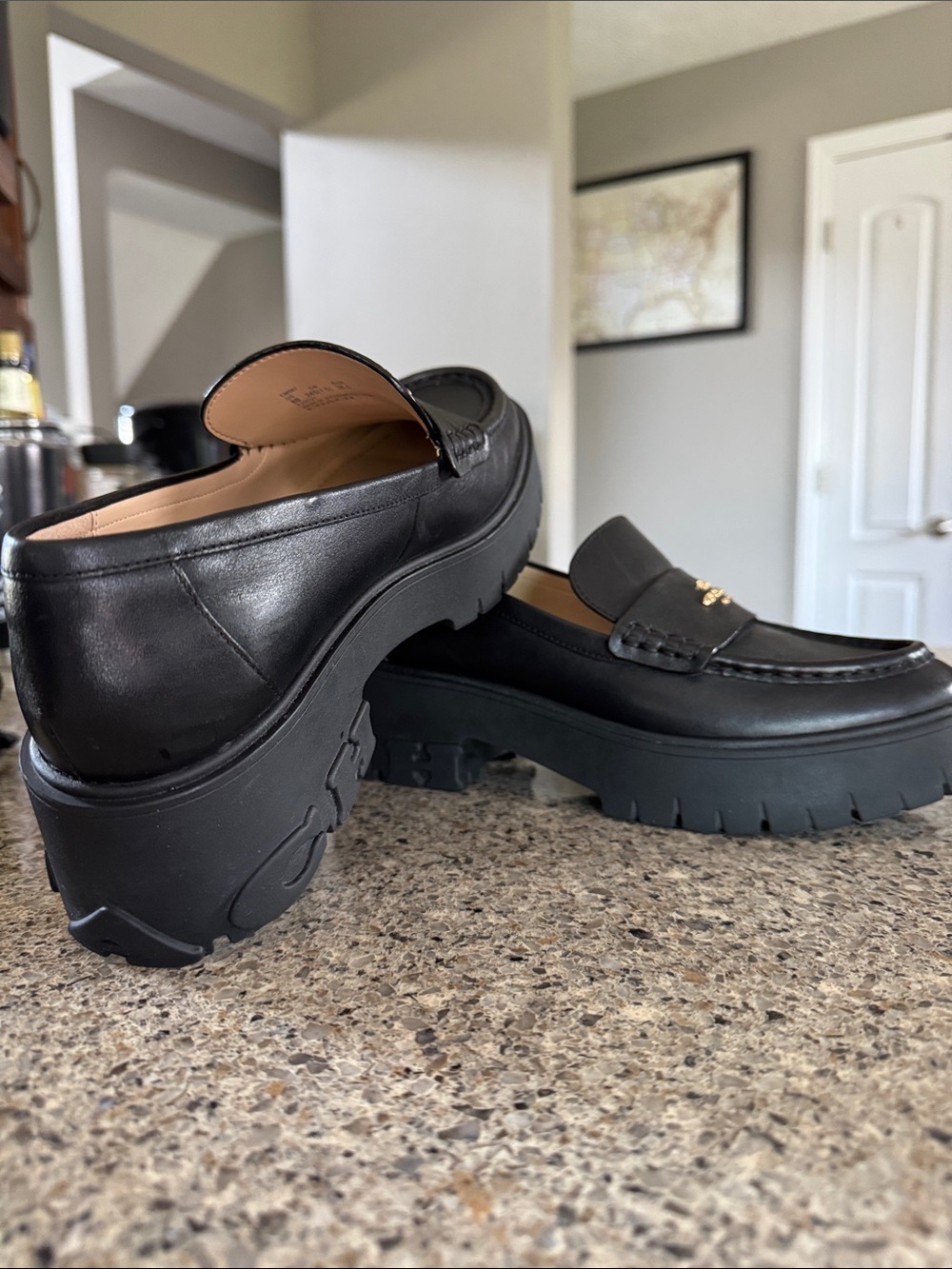 Coach Black Leather Chunky Penny Loafers with Gold Logo - Picture 6 of 17